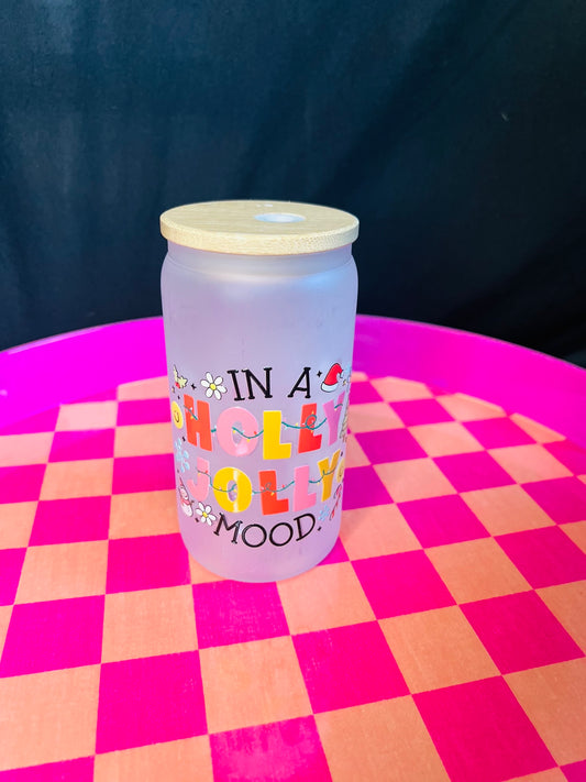 Holly Jolly Mood 12oz Glass cup