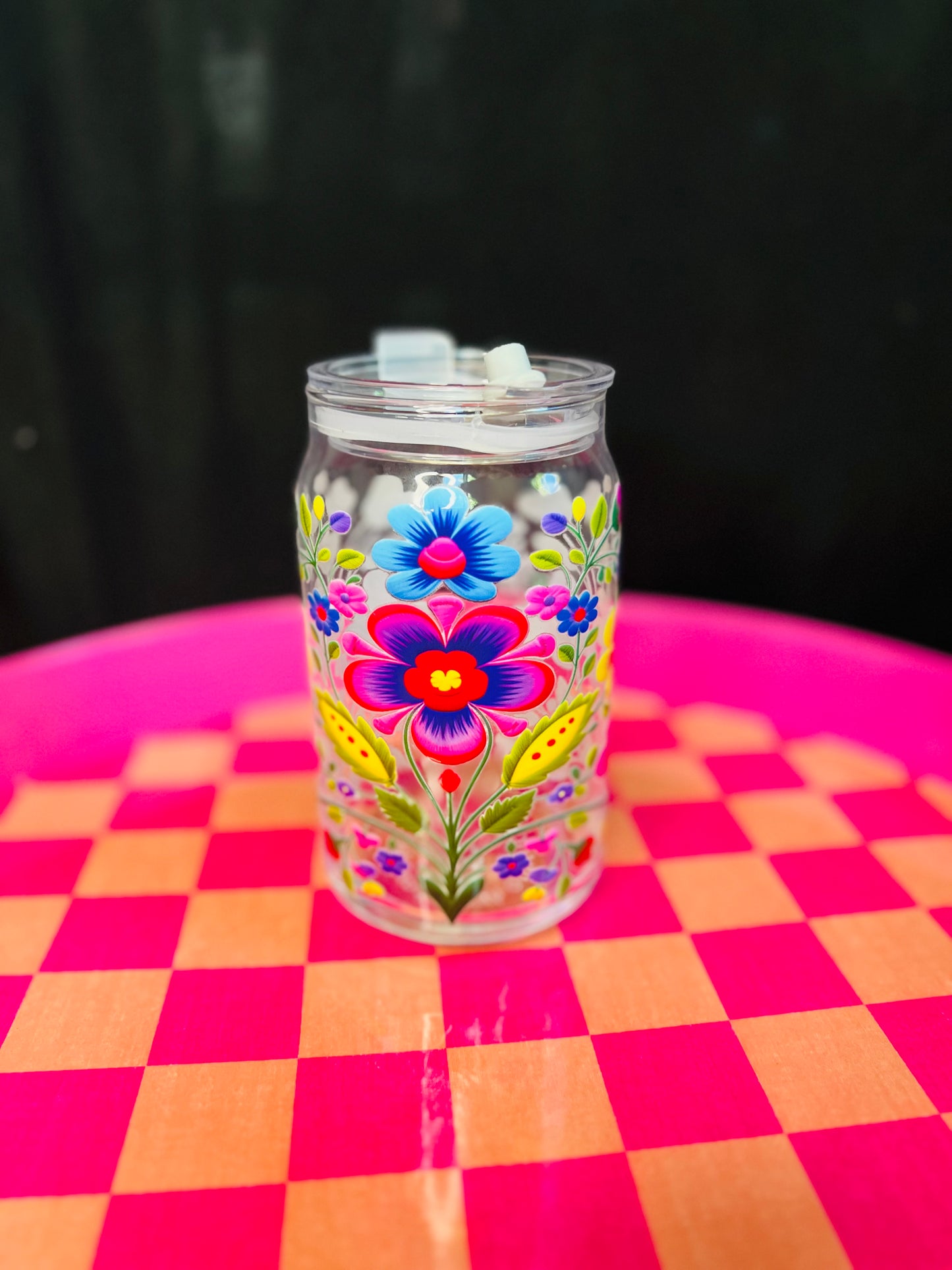 Faux Embroidered Flowers 16oz glass cup